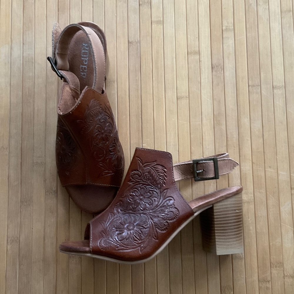 Roper Brown Floral Tooled Leather Slingback Heels